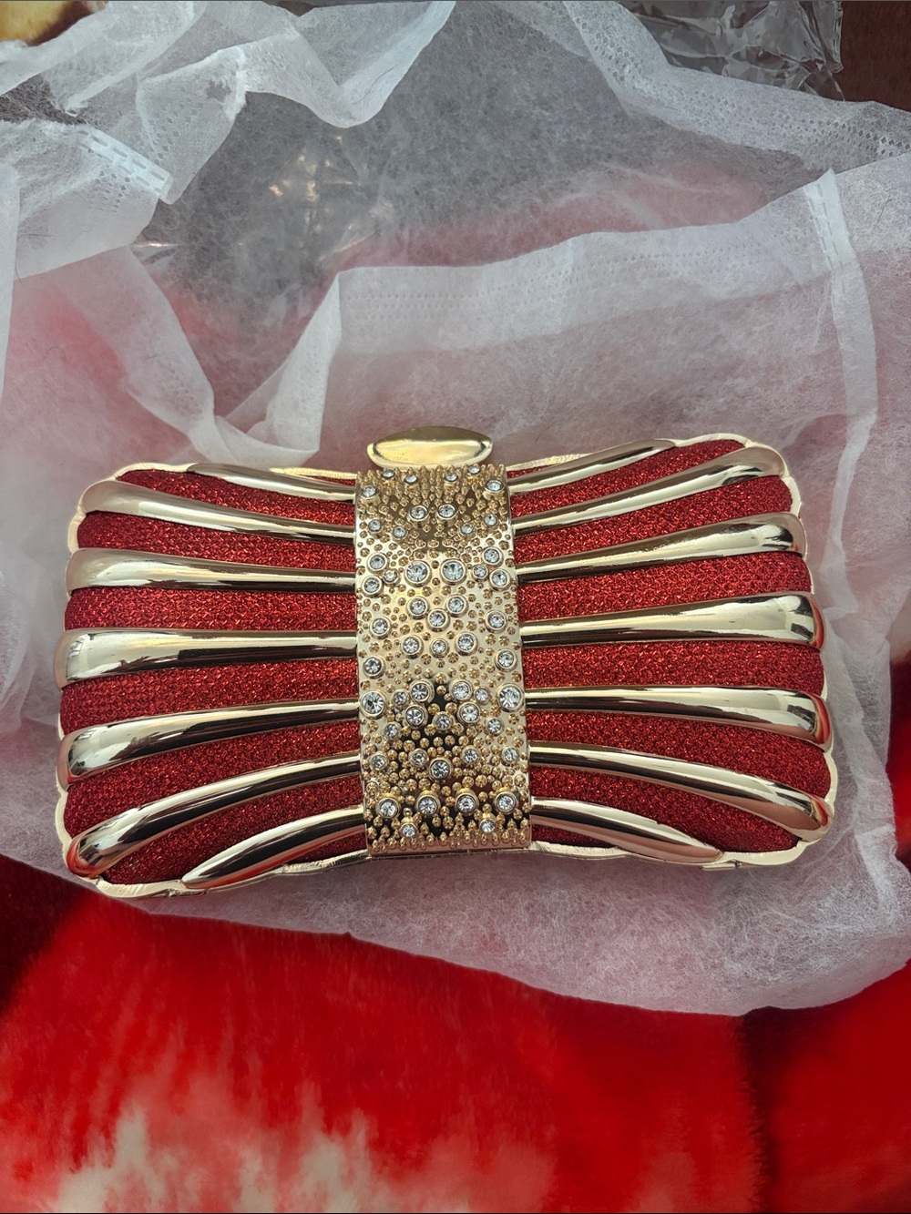 Elegant Red Crystal-Accent Evening Clutch - Gold Trim